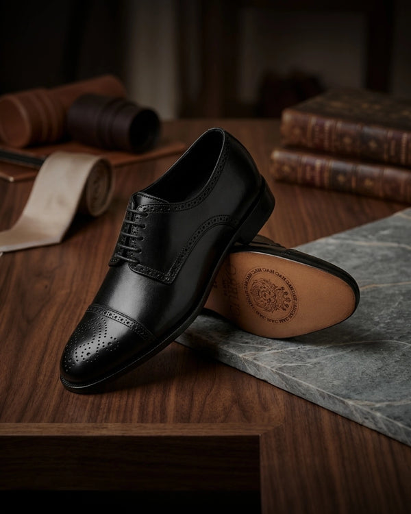 Regal black leather oxford dress shoes with brogue detailing, displayed on a dark wooden table with books and a tie in a moody, vintage-styled setting.