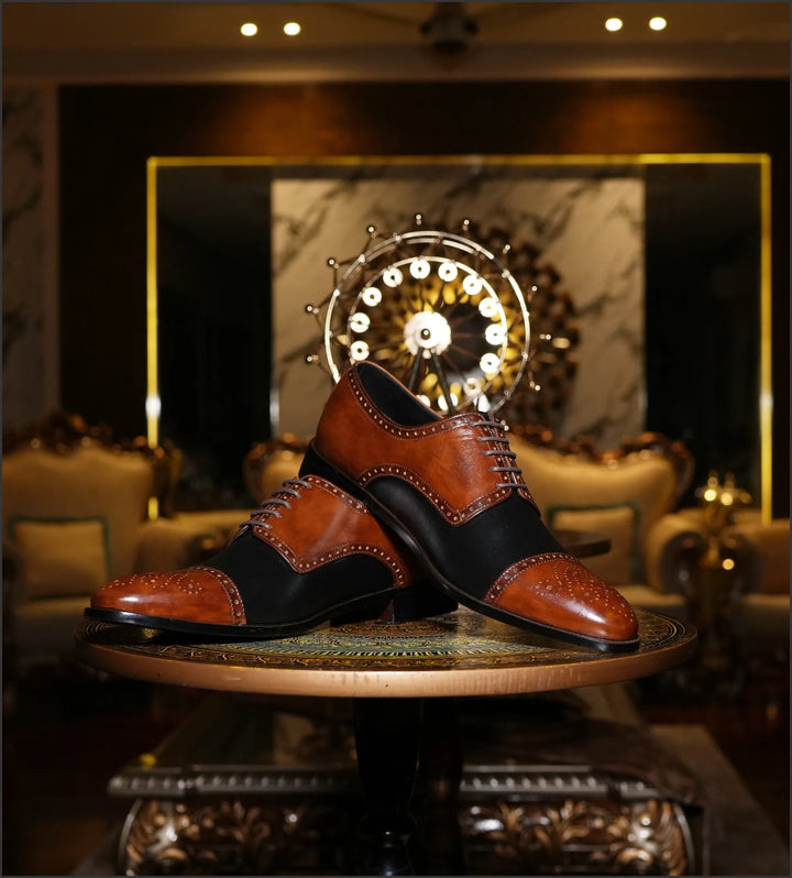 Cueřo brown and black two-tone men’s brogue dress shoes crafted for timeless formal style and refined modern elegance