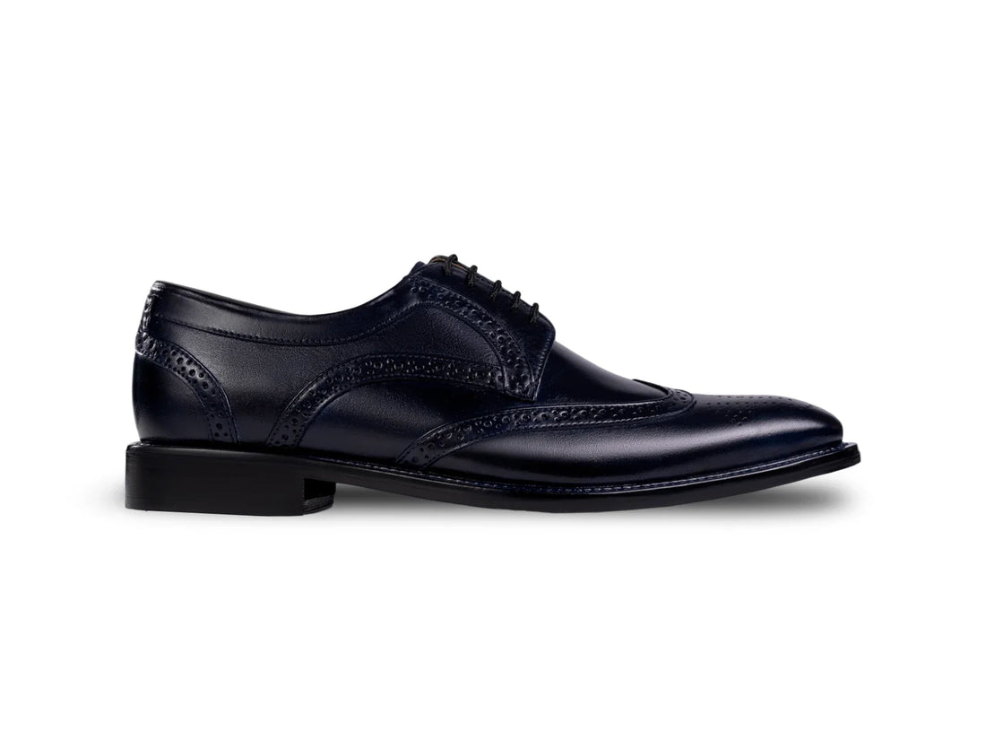 The Atlantic Brogue men’s navy wingtip derby brogue dress shoe side profile