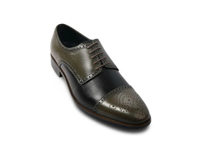 The Imperial Olive men’s two-tone olive and black cap-toe oxford dress shoe three-quarter view
