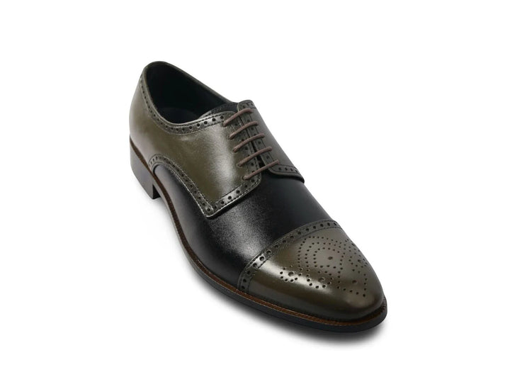 The Imperial Olive men’s two-tone olive and black cap-toe oxford dress shoe three-quarter view