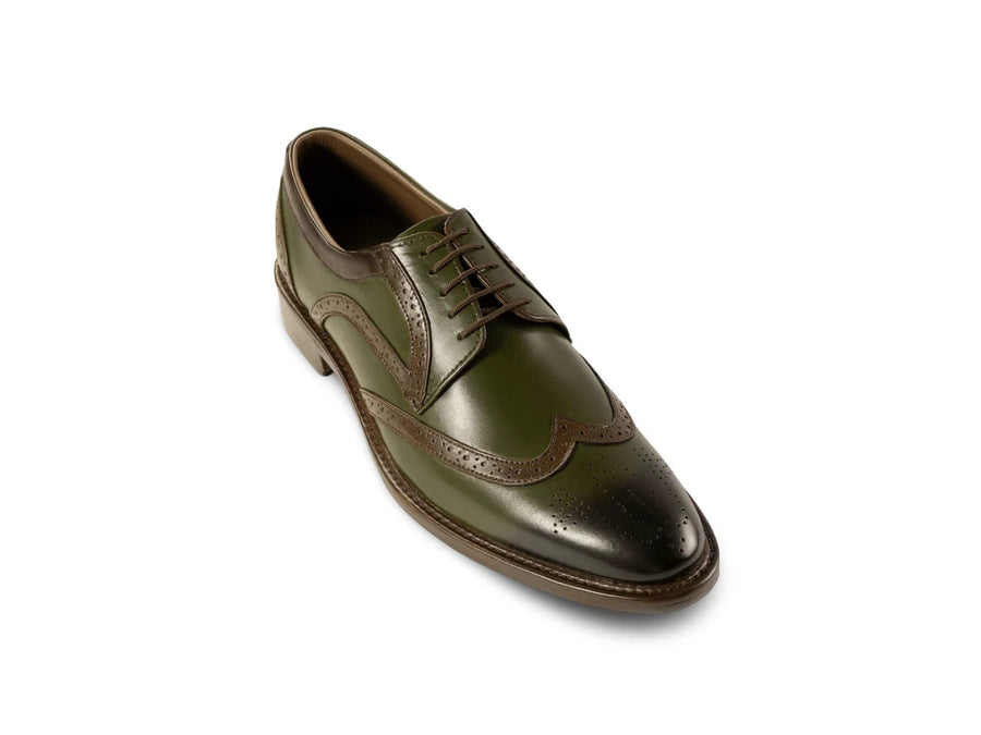 The Ivy Brogue men’s olive wingtip brogue dress shoe three-quarter view