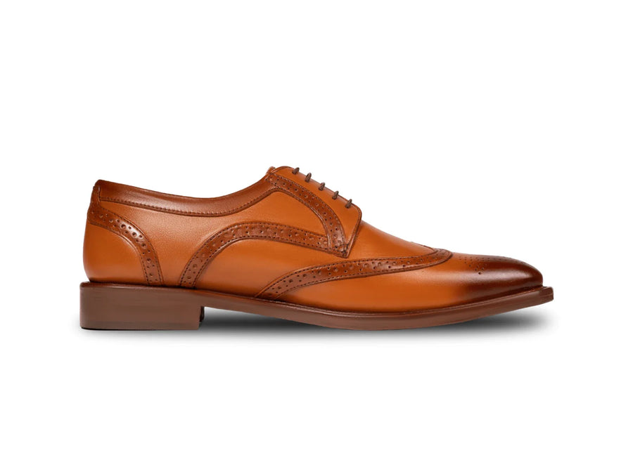 The Shelby Brogue men’s cognac wingtip derby brogue dress shoe side profile