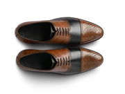 The Stratford Noir men’s brown and black two-tone cap-toe oxford dress shoes top view