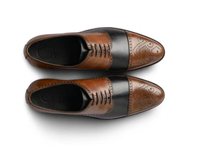 The Stratford Noir men’s brown and black two-tone cap-toe oxford dress shoes top view