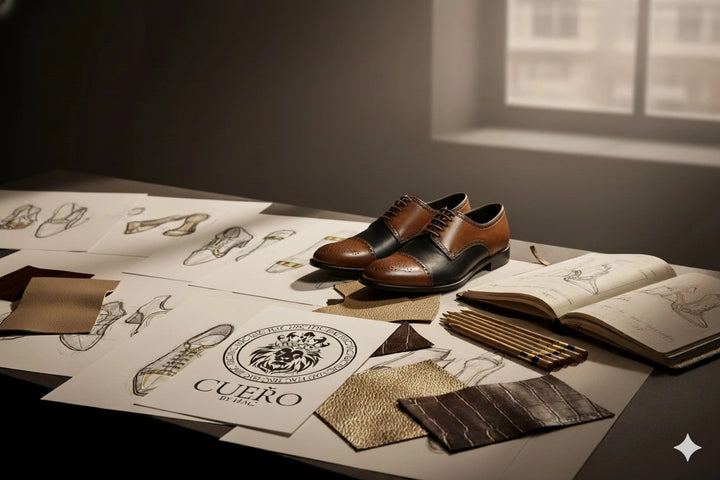 Cueřo two-tone men’s dress shoes displayed with original design sketches and leather swatches, reflecting precision craftsmanship and intentional design