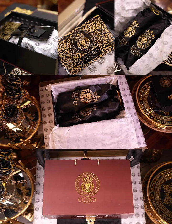 Cueřo luxury shoe packaging with individual velvet dust pouches and signature branded wrap for a refined unboxing experience