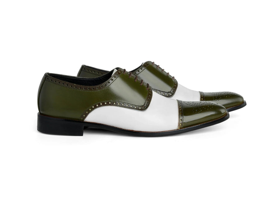 Ebony and Ivory men’s green and white brogue shoes bold formal footwear in premium studio hero shot showcasing luxury contrast design
