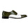 Side profile of Ebony and Ivory brogue shoes showing green suede upper and white contrast detailing with formal silhouette