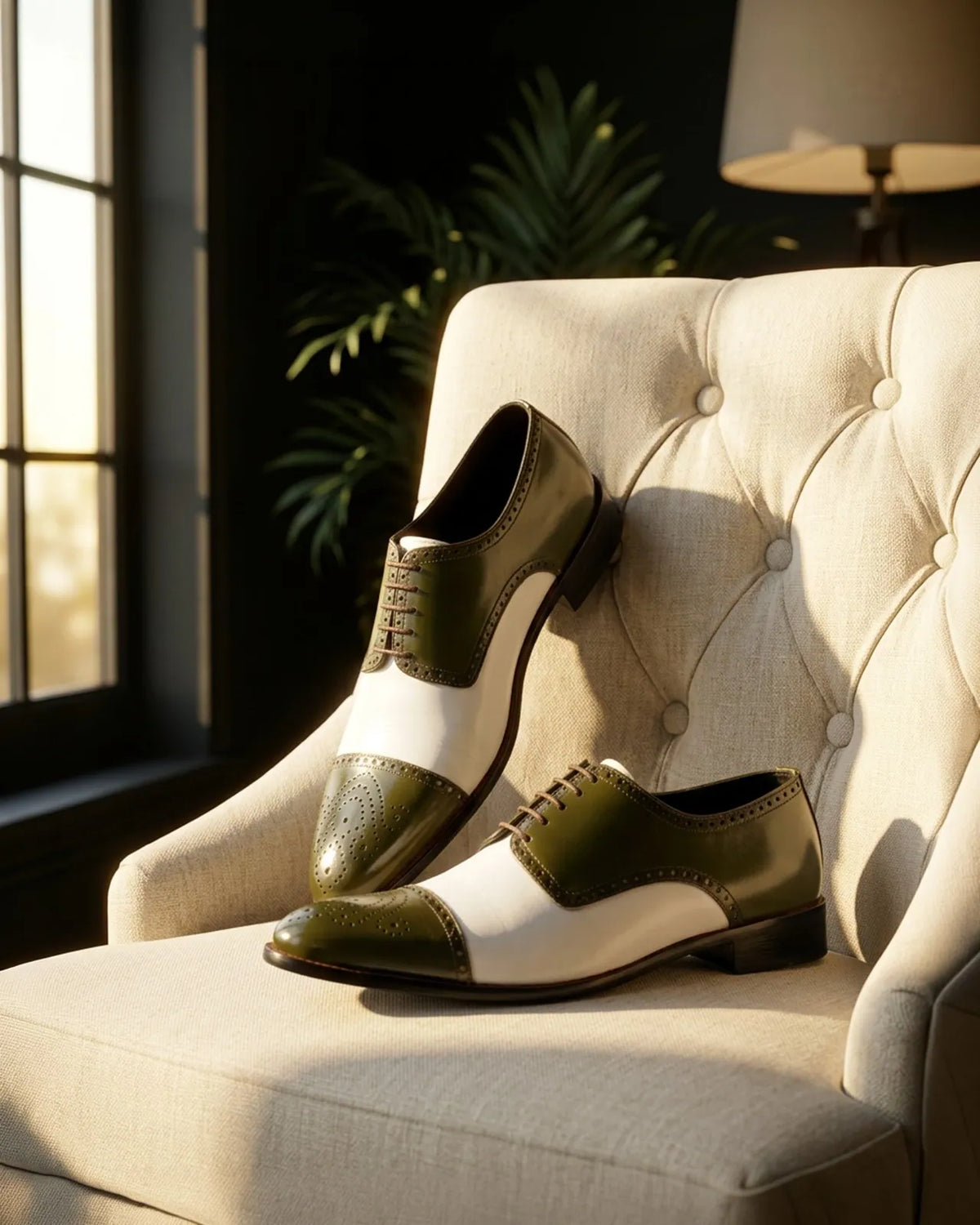 Ebony & Ivory Olive green and white two-tone brogue shoes displayed on a cream armchair in a luxury interior