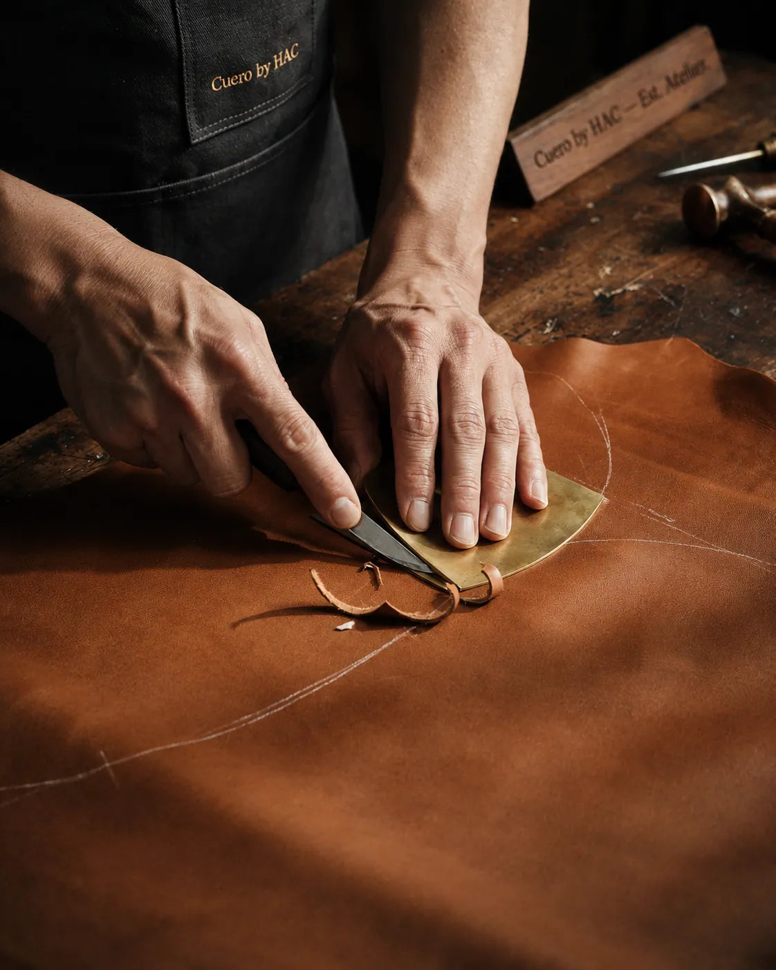 Artisan hand-cutting a men’s shoe upper from a single hide of Indus calf leather, selected for its grain and stillness
