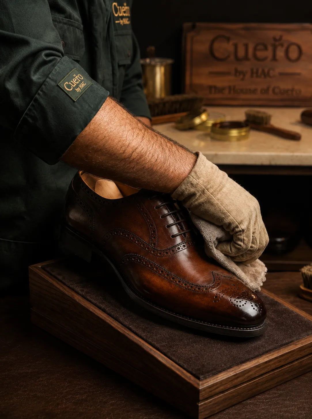 Artisan hand-finishing a brown leather brogue shoe with Heritage Mohenjo homemade polish, built in twenty layers over 36 days