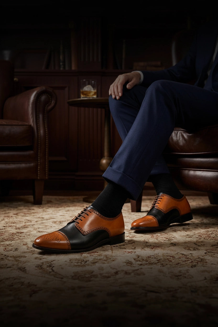 Man in a navy suit wearing tan and black two-tone Oxford shoes in a luxury lounge
